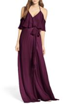 Women's Ceremony By Joanna August Cold Shoulder Tie Waist Halter Gown - Red