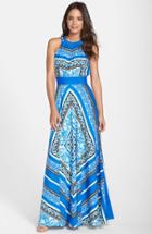 Women's Eliza J Scarf Print Halter Crepe De Chine Maxi Dress - Blue