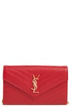 Women's Saint Laurent 'large Monogram' Quilted Leather Wallet On A Chain - Red