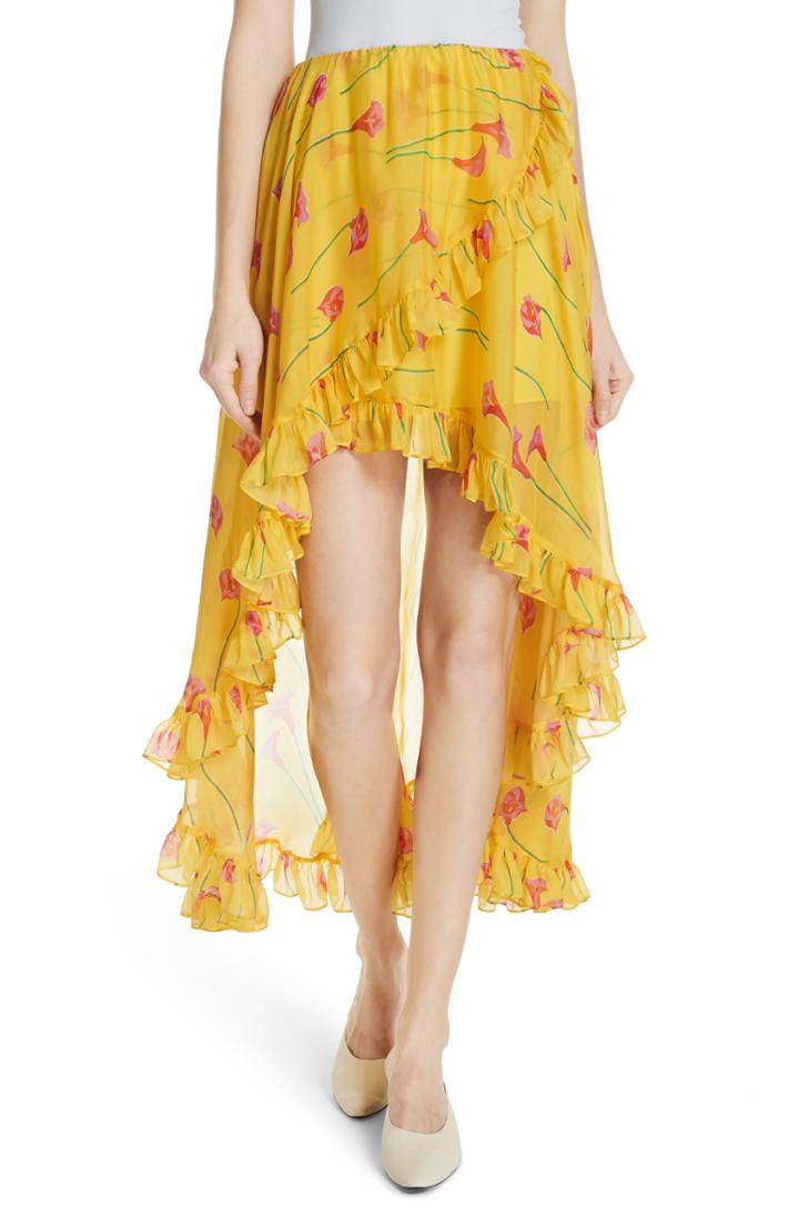 Women's Caroline Constas Adelle Ruffle Trim High/low Silk Skirt