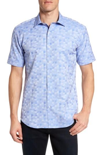 Men's Bugatchi Shaped Fit Geo Jacquard Sport Shirt, Size - Blue