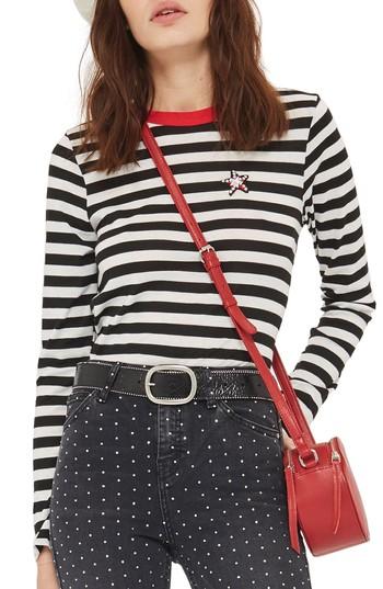 Women's Topshop Star Applique Stripe Tee Us (fits Like 0) - Black