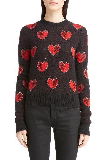 Women's Saint Laurent Heart Jacquard Mohair Blend Sweater - Red