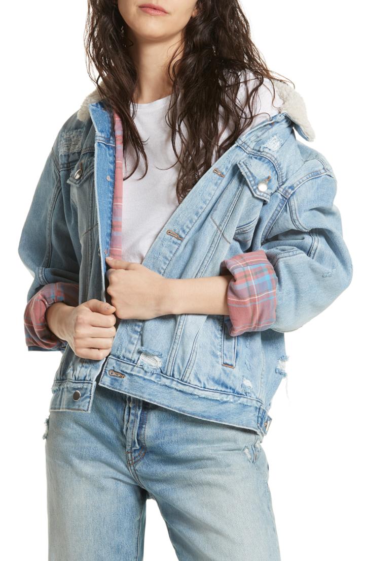 Women's Free People Flannel Lined Trucker Jacket With Faux Shearling Collar - Blue