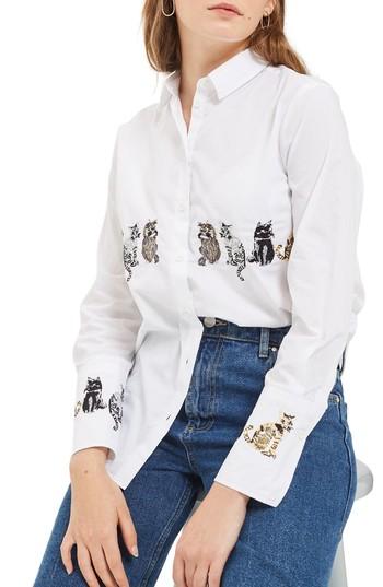 Women's Topshop Embroidered Cat Shirt Us (fits Like 0) - White