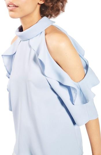 Women's Topshop Ruffle Cold Shoulder Top Us (fits Like 0-2) - Blue