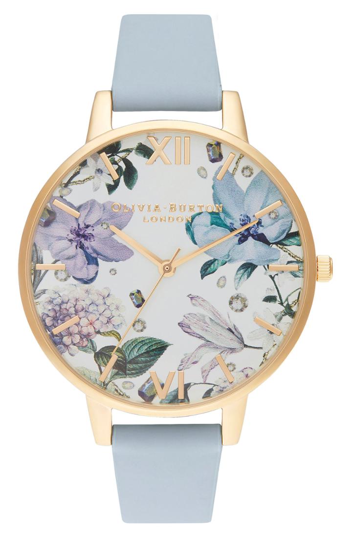 Women's Olivia Burton Bejeweled Floral Leather Strap Watch, 38mm