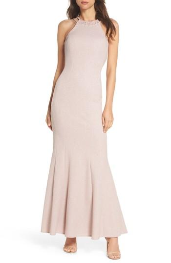 Women's Morgan & Co. Embellished Glitter Trumpet Gown /4 - Beige