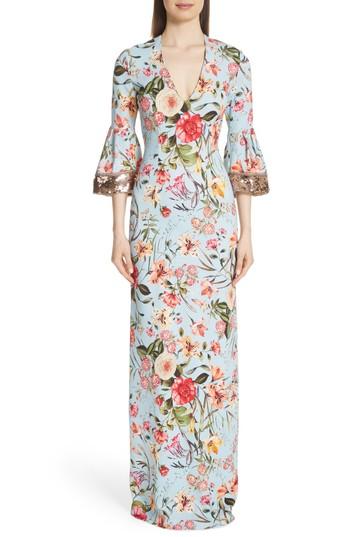 Women's Sachin & Babi Noir Sequin Sleeve Floral Print Gown - Blue