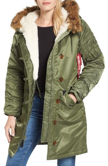 Women's Alpha Industries Elyse Water Resistant Winter Snorkel Parka With Faux-fur Trim - Green