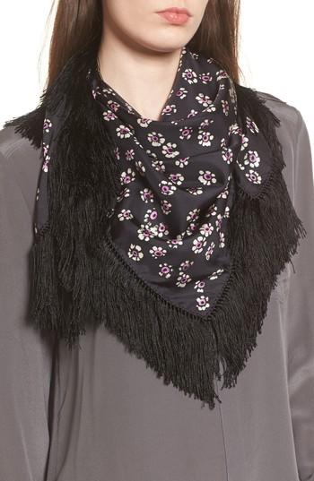 Women's Tory Burch Fringed Square Silk Scarf, Size - Black