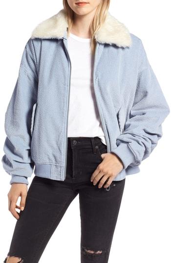 Women's Avec Les Filles Ruched Sleeve Corduroy Bomber Jacket - Blue