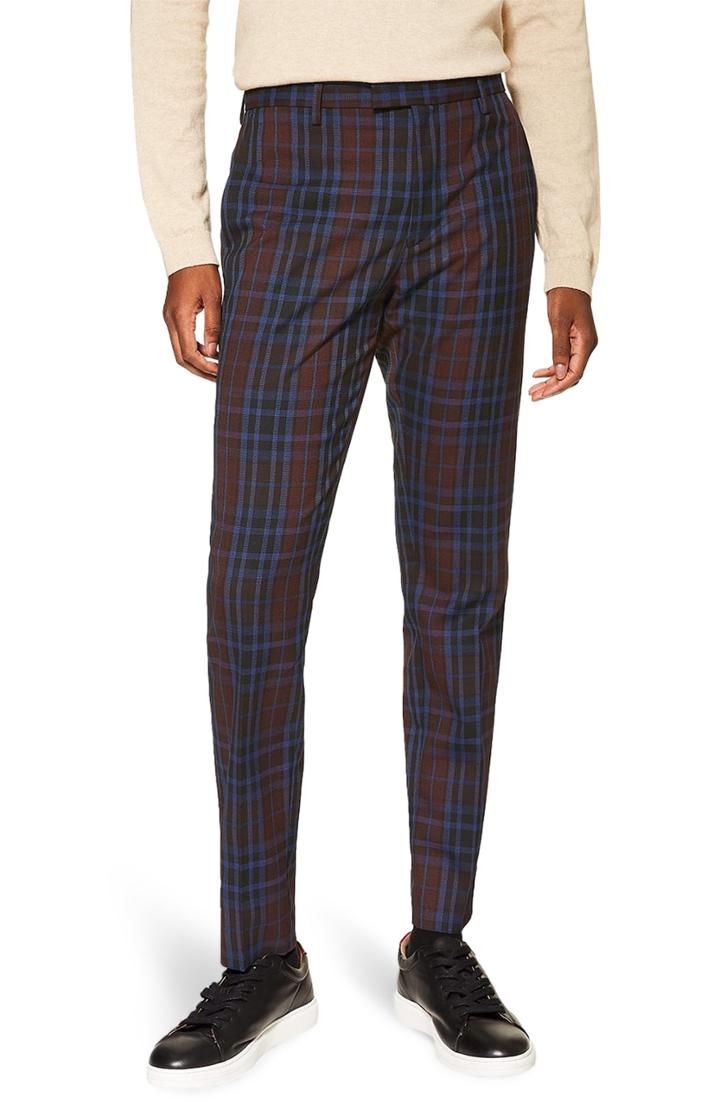 Men's Topman Check Print Skinny Trousers X 30 - Burgundy