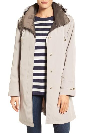 Petite Women's Gallery Two-tone Silk Look A-line Raincoat, Size P - Beige