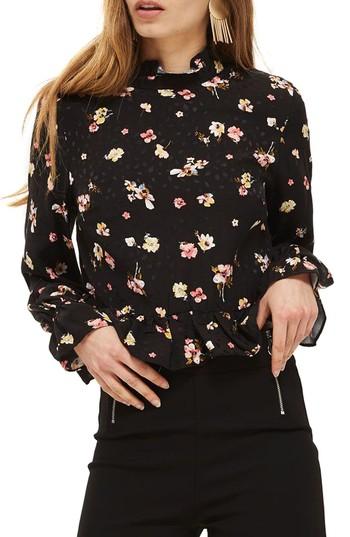 Women's Topshop Floral Print Peplum Blouse Us (fits Like 0-2) - Black