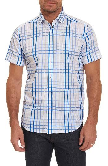 Men's Robert Graham Dax Tailored Fit Check Short Sleeve Linen Sport Shirt - Blue