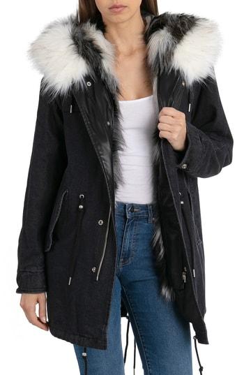 Women's Avec Les Filles Faux Fur Trim Denim Parka