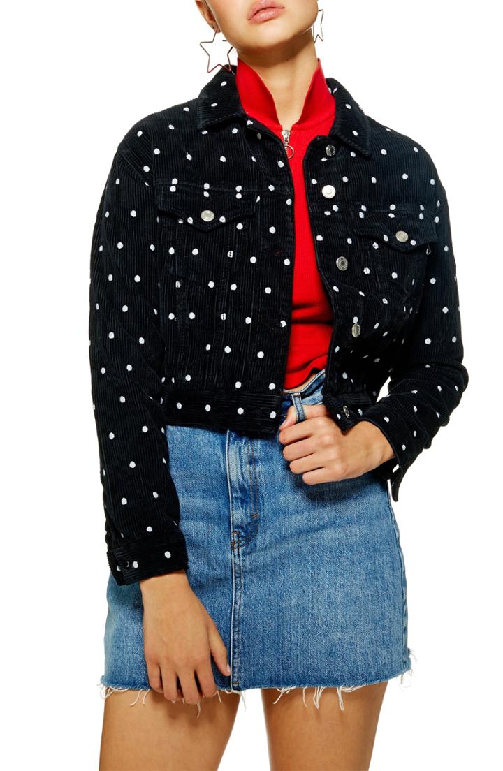 Women's Topshop Cotton Corduroy & Faux Shearling Jacket Us (fits Like 0-2) - Blue