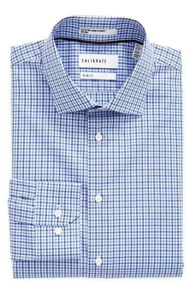 Men's Calibrate Trim Fit Non-iron Check Dress Shirt .5 32/33 - Blue