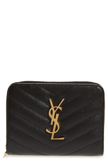 Women's Saint Laurent Monogramme Compact Quilted Zip Around Wallet - Black