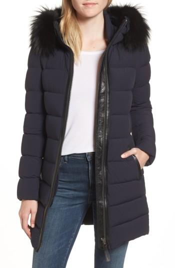 Women's Mackage Genuine Fox Fur Trim Hooded Down Coat, Size - Blue