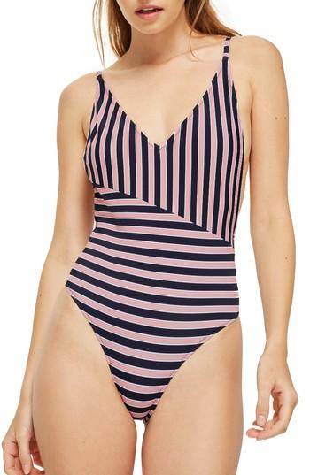 Women's Topshop Pamela Stripe Block One-piece Swimsuit Us (fits Like 0) - Pink