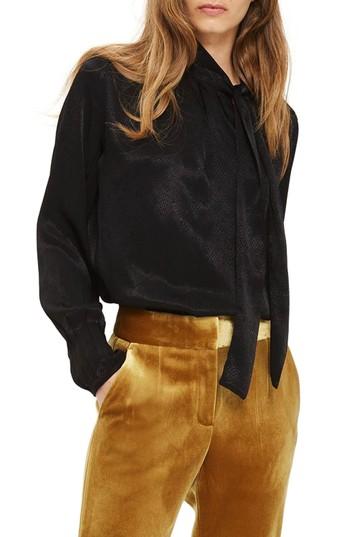 Women's Topshop Animal Jacquard Tie Neck Blouse Us (fits Like 0) - Black