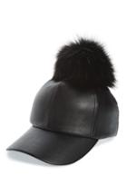 Women's Evelyn K Faux Leather Cap With Faux Fur Pompom - Black
