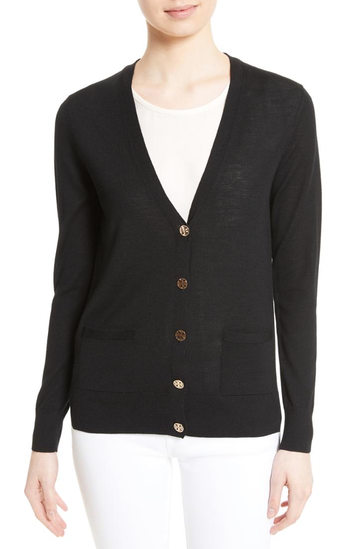 Women's Tory Burch Madeline Merino Wool Cardigan, Size - Black