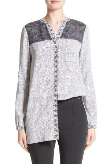 Women's St. John Collection Stitch Print Stretch Silk Blouse - Grey