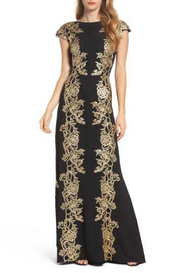 Women's Tadashi Shoji Sequin Applique Textured Crepe Gown - Metallic