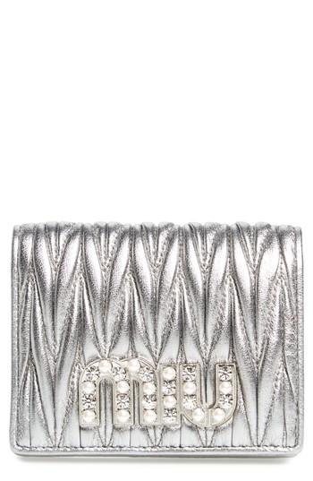 Women's Miu Miu Embellished Logo Matelasse Leather Wallet - Black