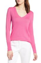 Petite Women's Halogen Cotton Blend V-neck Sweater, Size P - Pink