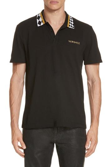 Men's Versace First Line Check Collar Pique Polo - Black
