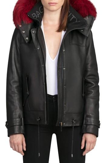 Women's Bagatelle City The Aspen Leather Jacket With Genuine Fox Fur Trim - Black