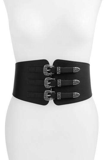 Women's Bp. Multi Buckle Wide Faux Leather Stretch Belt - Black/ Silver