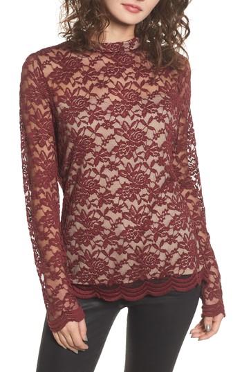 Women's Love, Fire Mock Neck Lace Top - Burgundy