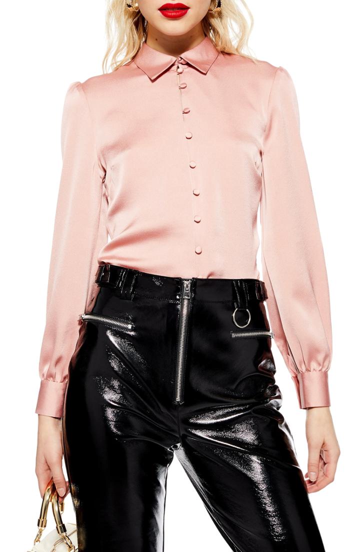 Women's Topshop Rouleau Button Shirt Us (fits Like 0) - Pink