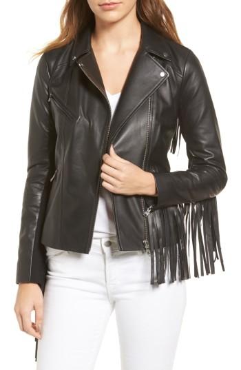 Women's Trouve Fringe Moto Leather Jacket - Black