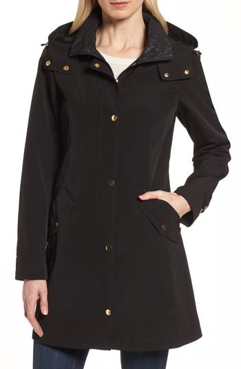Petite Women's Gallery Swing Raincoat With Leopard Print Trim P - Black
