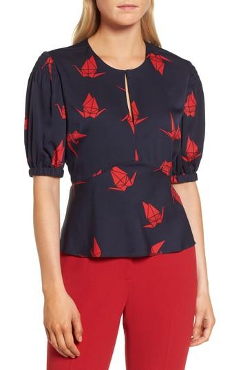Women's Lewit Puffed Sleeve Print Silk Top - Blue