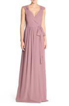 Women's Ceremony By Joanna August 'newbury' Gathered Sleeve Chiffon Wrap Gown, Size - Pink
