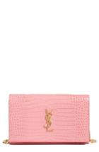 Women's Saint Laurent Large Monogram Croc Embossed Leather Wallet On A Chain -