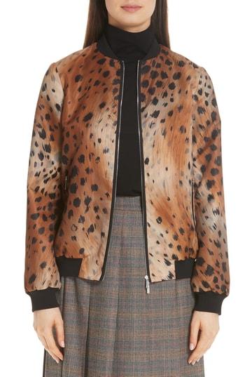 Women's Lafayette 148 New York Melrose Agave Leopard Tech Cloth Bomber Jacket - Brown
