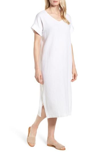 Women's Eileen Fisher V-neck Cotton Midi Dress, Size - White