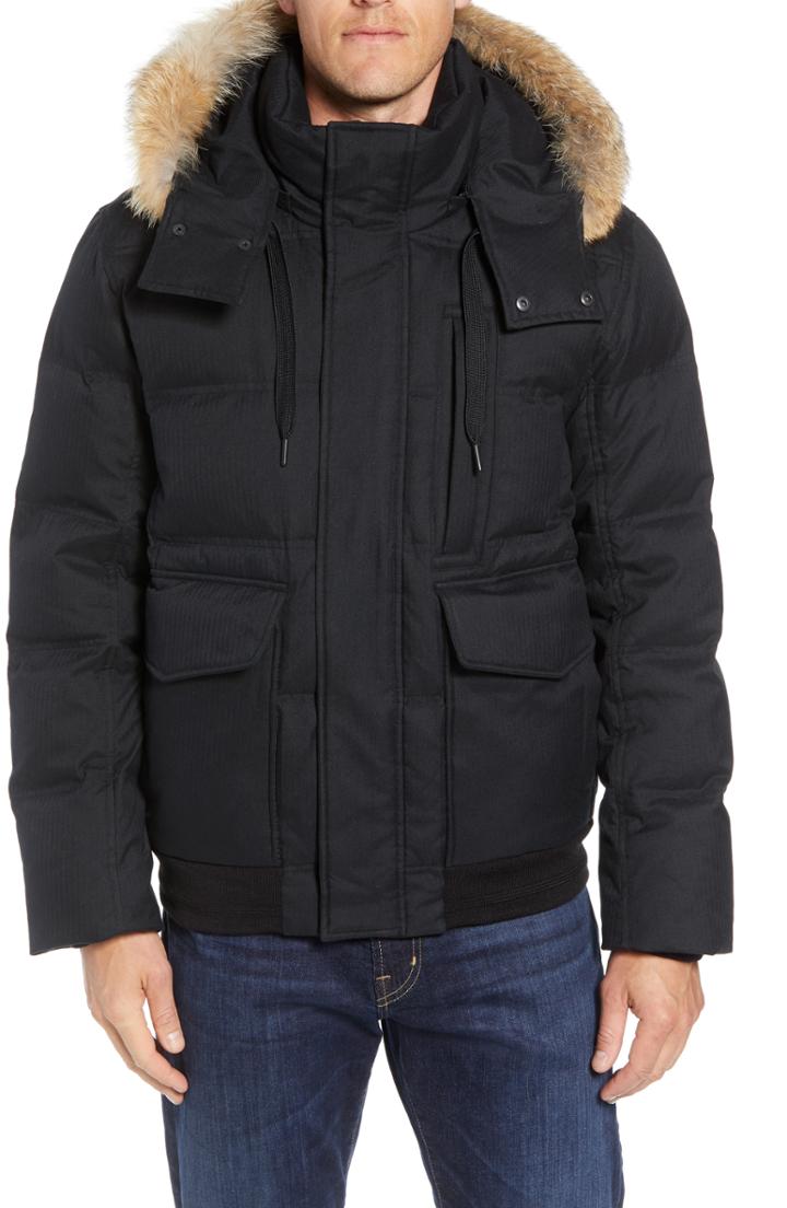Men's Marc New York Bohlen Down & Feather Bomber Jacket With Removable Genuine Coyote Fur Trim Hood, Size - Black