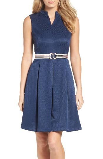 Women's Ellen Tracy Belted Fit & Flare Dress - Blue