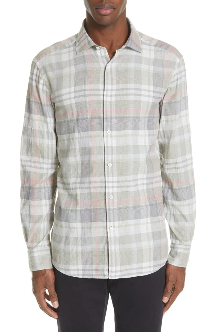 Men's Ermenegildo Zegna Trim Fit Plaid Linen & Cotton Sport Shirt, Size - Green