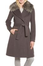 Women's Tahari Fiona Wrap Coat With Removable Faux Fur Collar - Grey