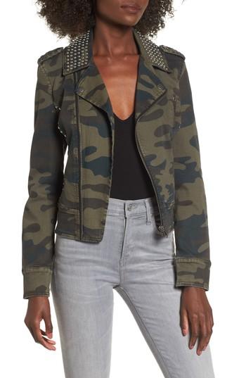 Women's Afrm Studded Leopard Print Moto Jacket - Green